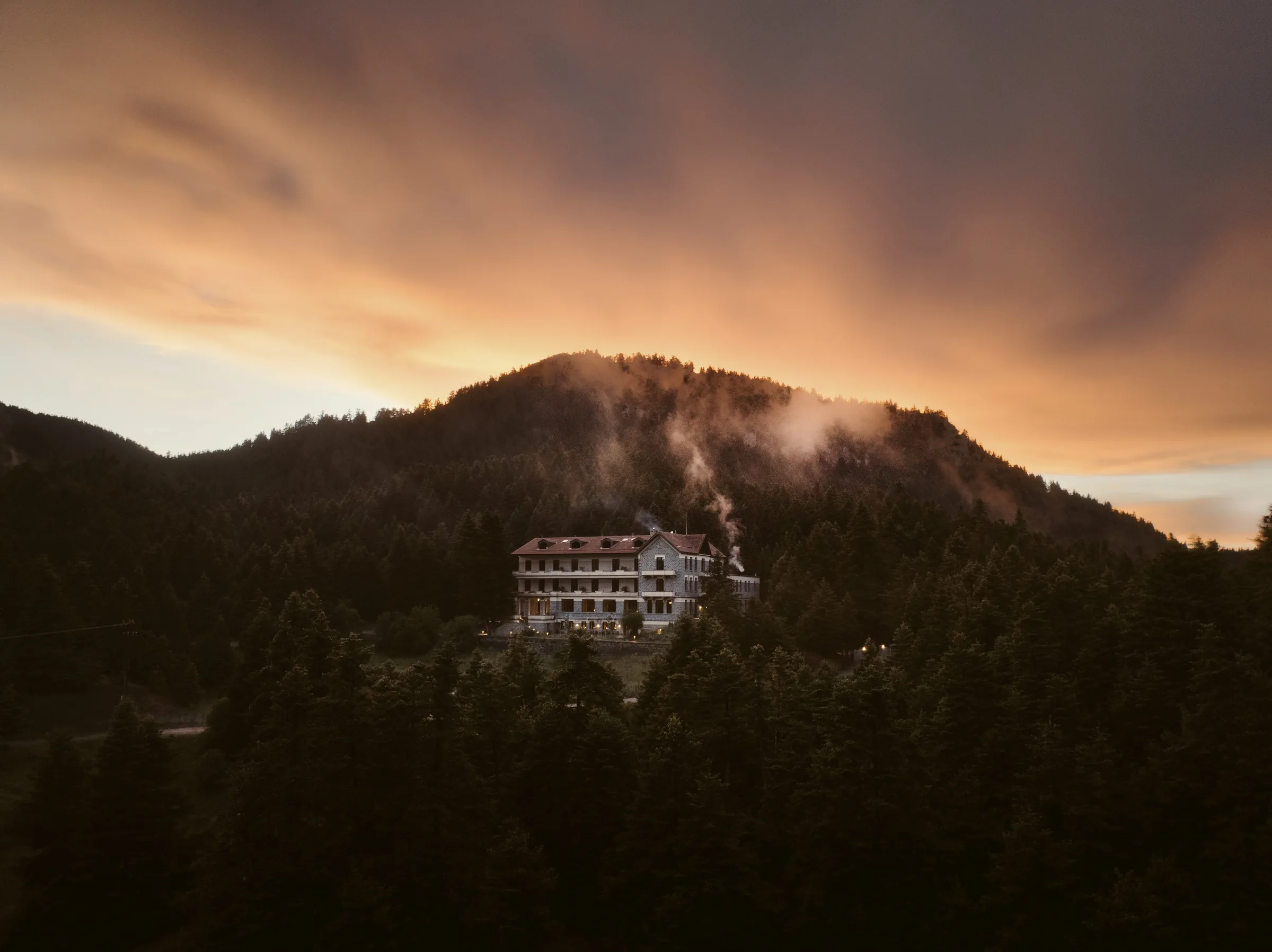 MANNA resting in the fir-covered mountain at sunset
