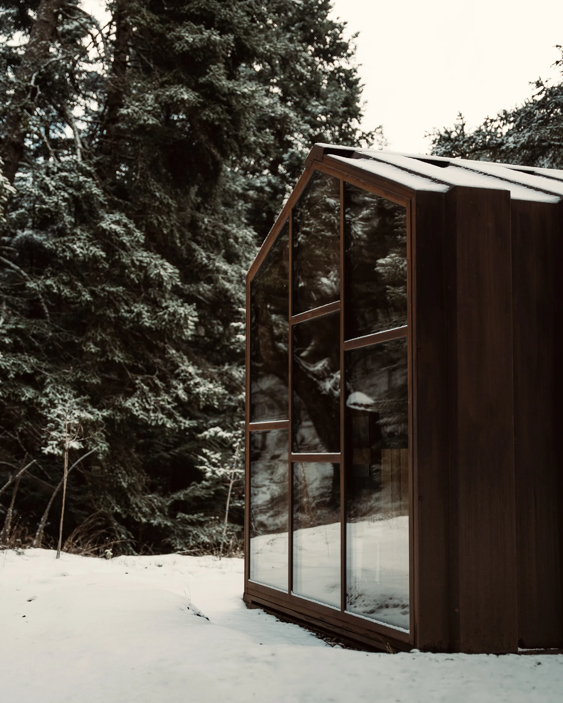 MANNA's forest sauna among snow-covered firs