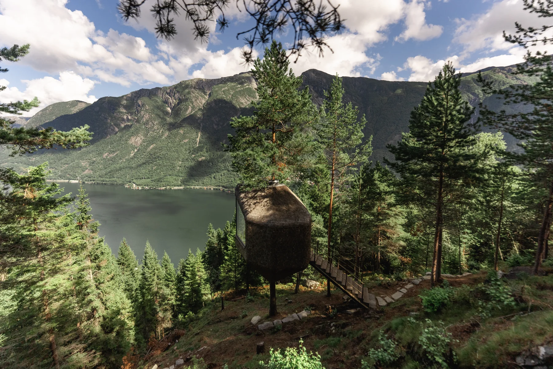 A Woodnest treehouse high above the Hardangerfjord, surrounded by forest and mountains